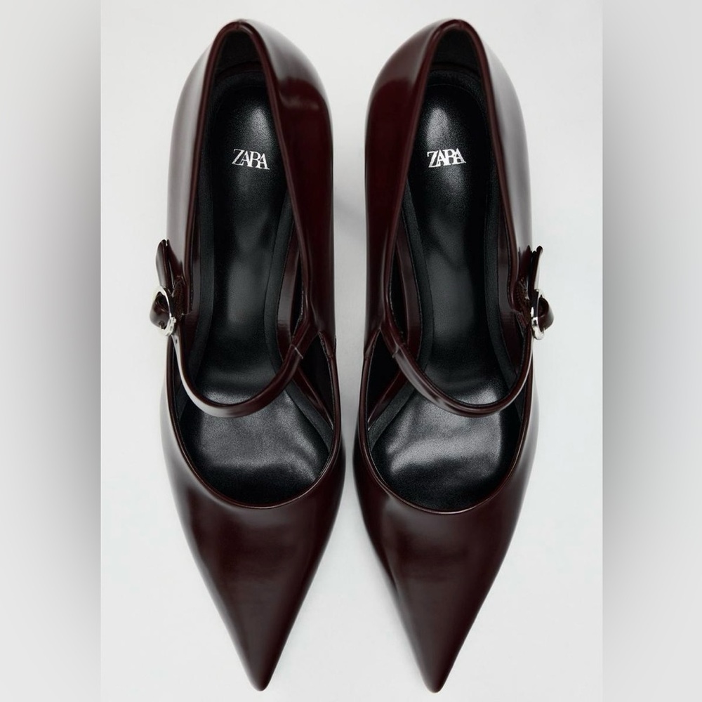 ZARA Burgundy Red Pointed Toe Heels With Buckle Detail - Size 8 - NEW - Picture 3 of 6